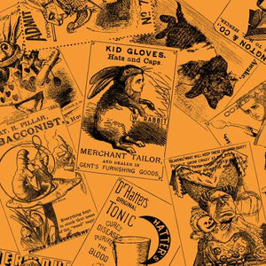 Scattered cards on an orange background from Riley Blake Designs by Janet Wecker-Frisch for the Mad Masquerade collection. All the cards have different characters on it from alice in wonderland and have a spooky quality to them!