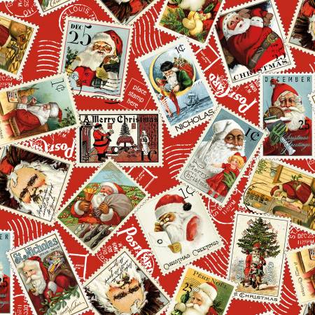 This adorable vintage inspired fabric is covered in Christmas stamps. Beautiful imagery on each stamp makes this so much fun to look at. Bright red background helps to make the design pop. 100% Cotton, 43/44in