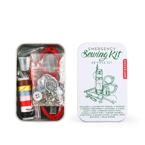 Great for quick fixes and clothing corrections, this emergency sewing kit comes with a wide selection of tiny tailoring supplies! Contents include: An assortment of 6 colors of threads,1 pair of scissors, 1 seam ripper, 4 needles, 4 each of small, medium, and large safety pins, 1 thimble, 11 buttons, 5 sets of Hooks & Eyes, 5 metal snap buttons, and 2 needle threaders.