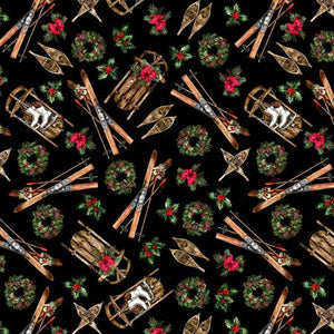This fabric features skis, snowshoes and wreaths on a black background with greenery. This fabric is perfect for winter-time sewing projects. Table runners, placemats, stockings, decorations, quilting, etc! Timeless Treasures Collection 100% Cotton, 44/5".