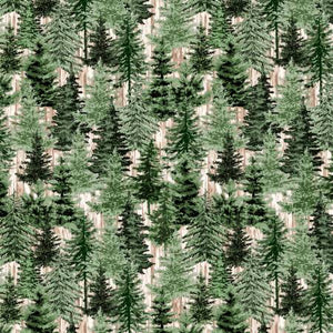 Pine trees on wood - This pretty fabric can be used for any kind of project! beautiful evergreen trees on top of white birch. - Timeless Treasures Collection 100% Cotton, 44/5".