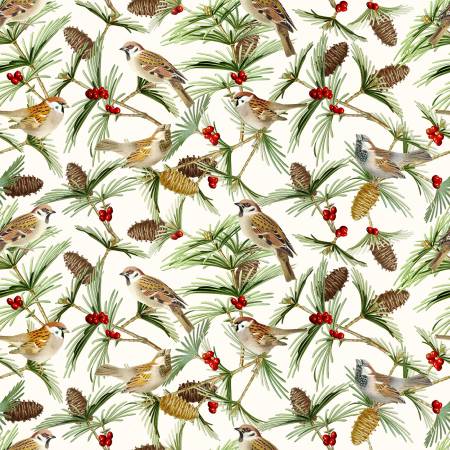 Pretty winter birds on branches with pinecones. This fabric is perfect for winter time sewing projects. Table runners, placemats, stockings, decorations, quilting, etc! Timeless Treasures Collection 100% Cotton, 44/5".