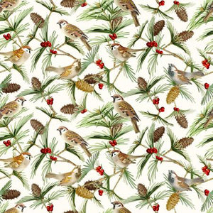 Pretty winter birds on branches with pinecones. This fabric is perfect for winter time sewing projects. Table runners, placemats, stockings, decorations, quilting, etc! Timeless Treasures Collection 100% Cotton, 44/5".
