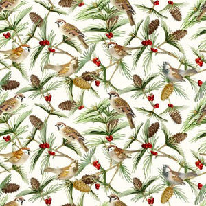 Pretty winter birds on branches with pinecones. This fabric is perfect for winter time sewing projects. Table runners, placemats, stockings, decorations, quilting, etc! Timeless Treasures Collection 100% Cotton, 44/5".