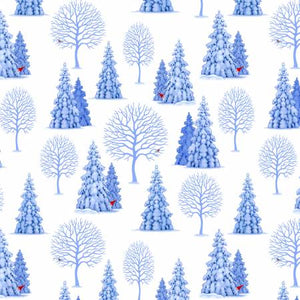 This fabric has a forest of icy blue tree on it with a gnome hidden in the tree! Perfect for quilting and crafting.