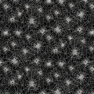 White, glow in the dark spider webs on a black background.  Bad Blood by Timeless Treasures Collection 100% Cotton, 44/5".