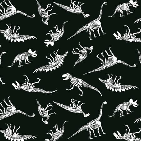 White, glow in the dark dinosaur skeletons - Dinosaurs by Timeless Treasures Collection 100% Cotton, 44/5".