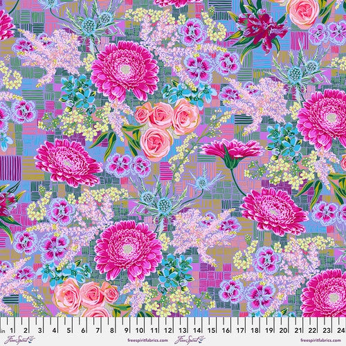 Bright and fun floral from Freespirit designed by Anna Maria. This is a cotton lawn designed for garments or can be used for quilting. Bright florals with pink, blue, yellow, oranges and greens. This would be a gorgeous piece of clothing or even quilt back since it is a wider bolt!
