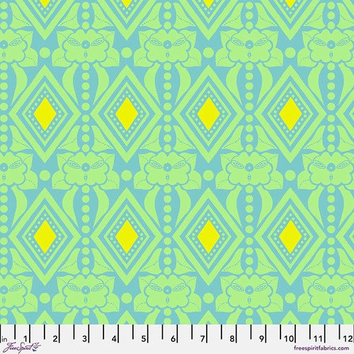 Bright design from Freespirit designed by Anna Maria. This is a cotton lawn designed for garments or can be used for quilting. Bright teal and green with yellow. This pattern has diamond shapes with yellow centers and outlines of floral motifs. Vertical stripe design. This would be a gorgeous piece of clothing or even quilt back since it is a wider bolt!