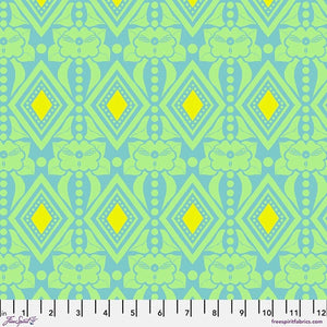 Bright design from Freespirit designed by Anna Maria. This is a cotton lawn designed for garments or can be used for quilting. Bright teal and green with yellow. This pattern has diamond shapes with yellow centers and outlines of floral motifs. Vertical stripe design. This would be a gorgeous piece of clothing or even quilt back since it is a wider bolt!