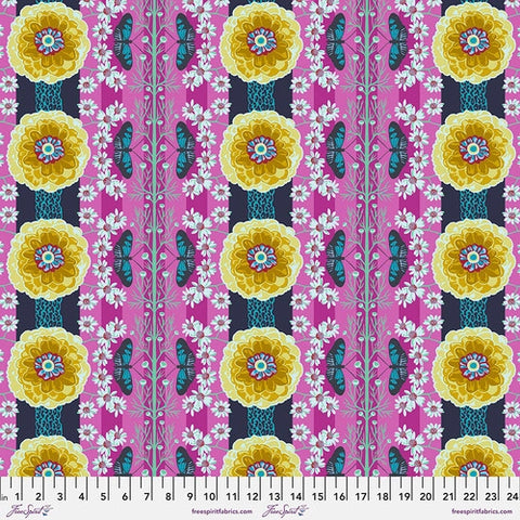 Bright and fun floral from Freespirit designed by Anna Maria. This is a cotton lawn designed for garments or can be used for quilting. Bright magenta background with blue butterflies, daisies and yellow flowers with other textural designs. This would be a gorgeous piece of clothing or even quilt back since it is a wider bolt!