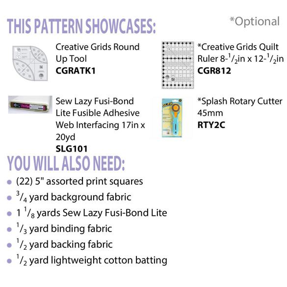 CLPTAK002 - 15in x 40in. The Creative Grids Round Up Tool (CGRATK1) is required. The Creative Grids 8-1/2 inch by 12-1/2 inch rectangle (CGR812) is recommended. Designed by Terry Atkinson. This pattern includes fabric requirements and instructions to make the shown table runner. Intermediate skill level.