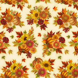 This fabric is covered in fall bouquets full of sunflowers, mums, leaves and berries. The colors are beautiful autumnal golds, umbers and greens.  - Timeless Treasures Collection 100% Cotton, 44/5".