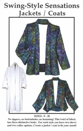 No zippers, no buttonholes, no hemming! This twirl of fabric has three distinctive looks. For each style you have two drop shoulder sleeve options. Create a jacket / coat to fit your mood! Sizes: 8 - 28
