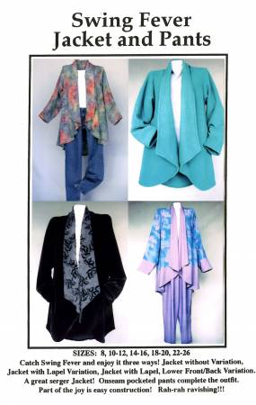 Catch Swing Fever and enjoy it three ways! Jacket without Variation, Jacket with Lapel Variation, Jacket with Lapel, Lower Front/Back Variation. A great serger Jacket! Onseam pocketed pants complete the outfit. Part of the joy is easy construction! Rah-rah ravishing!!! Sizes included: 8-26