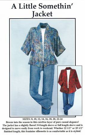 Breeze into the season in this carefree layer of pure casual elegance! The jacket has a slightly flared 3/4 length sleeve or full-length sleeve and is designed to move easily from work to weekend. The front edge is self-faced. Just fold, press, stitch for quick easy construction. This is truly a three hour project! Whether 22 1/2" or 25 1/2" finished length, this feminine silhouette is as comfortable as it is stylish! Sizes included: 8-24