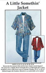 Breeze into the season in this carefree layer of pure casual elegance! The jacket has a slightly flared 3/4 length sleeve or full-length sleeve and is designed to move easily from work to weekend. The front edge is self-faced. Just fold, press, stitch for quick easy construction. This is truly a three hour project! Whether 22 1/2" or 25 1/2" finished length, this feminine silhouette is as comfortable as it is stylish! Sizes included: 8-24