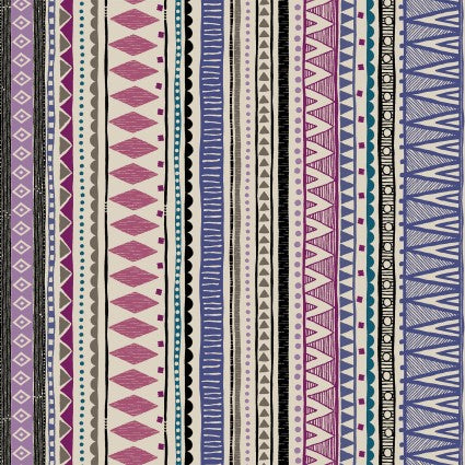 This vibrant fabric is a cotton linen blend - Considered "Sheeting" since it is such a light-weight fabric. Although it is a lighter weighted fabric, it still has a flax feel to it due to the linen. Bright purple, blue, turquoise and black all over a cream background. This fabric would make a beautiful bag, pillow or even jacket. There is so much you can do with it!