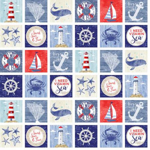 The perfect nautical print for all your ocean themed projects! "I need vitamin sea" - punny and cute, this fabric has a bunch of different designs in each square.