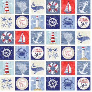 The perfect nautical print for all your ocean themed projects! "I need vitamin sea" - punny and cute, this fabric has a bunch of different designs in each square.
