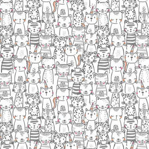 Meowlogical by MMF Collection.  Black and white line drawing of a crowd of cats. 100% Cotton, 44/5"