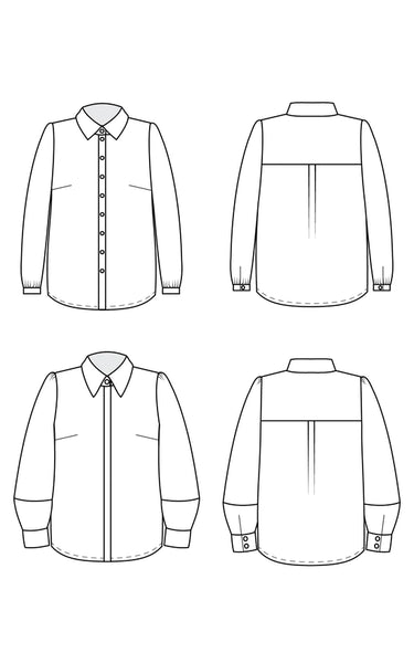 Reclaim the button-up with the Vernon Shirt! This boob-friendly take on the essential button-up shirt features two views: View A is a classic shirt with a traditional collar and collar stand, and full sleeves with narrow cuffs. View B is a fashion-forward version with a dramatic collar, covered button placket, and lantern sleeves with wide cuffs.