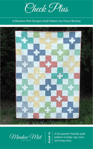 Check Plus is a beginner-level, fat quarter friendly take on a plus sign block with instructions for 4 quilt sizes. The cover quilt was made using the April Showers collection by Bonnie and Camille for Moda. The materials needed for the quilt can be found in the pictures.