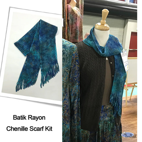 This is a rayon chenille scarf kit! Includes a turquoise and blue batik rayon as well as a pattern. This is a great little afternoon project! 