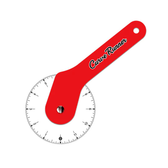The Stitch Buzz Curve Runner is a sewing ruler that measures any curved line! It is precision cut and made from cast acrylic. It is put together by hand and calibrated for smooth rolling. It also comes with a custom silicone handle for comfort