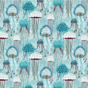 From Michael Miller Fanciful Sea Life by MMF Collection In Animals, Bugs & Insects This adorable whimsical jellyfish fabric is fun to look at and gives the illusion of them floating in the ocean. 