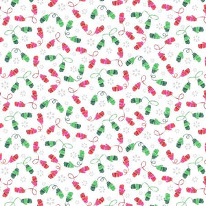 From Michael Miller This adorable fabric is covered in red and green mittens over a white background with snowflakes!  . 100% Cotton, 44/5"