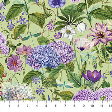 Created in partnership with Michel Design Works, Fleurs  features intricately detailed French florals.  Lavish blossoms boasting shades of purple, plum and white are set on black, purple, lilac, sage and white backgrounds in a variety of sizes. 
