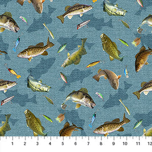 Created by the Northcott Studio, Hooked collection incorporates fishing as well as bright colors to create a fabric that can coordinate with different fabrics and colors. This Fish print is covered in bright fish in a toss over a light blue/turquoise background. The fish are accompanied by small lures. The blue background has the appearance of a larger woven texture but is just an illusion since it has the hand of a normal quilting cotton. 