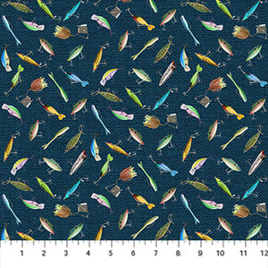 Created by the Northcott Studio, Hooked collection incorporates fishing as well as bright colors to create a fabric that can coordinate with different fabrics and colors. Lures print is covered in bright creative lures in a toss over a navy background. The navy background has the appearance of a larger woven texture, but is just an illusion since it has the hand of a normal quilting cotton.   100% cotton   43"/44"