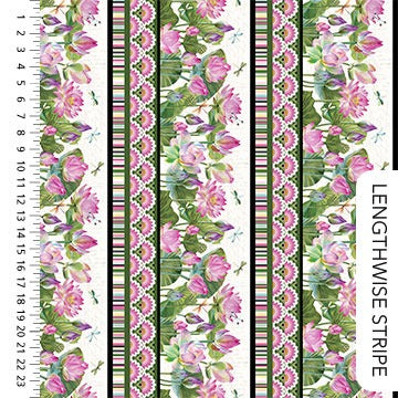 This collection was made by Michel Design Works for Northcott. This collection features lilies, dragonflies, and other geometric floral designs. This fabric is a border stripe that can be used for many different kinds of projects. 