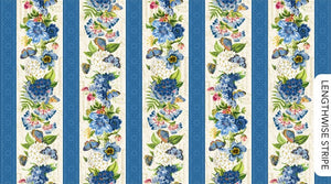 This border stripe is full of beautiful flowers and butterflies in blues, greens, pinks and some pops of orange and yellow. This would make a lovely quilt border, table runner and more! We have multiple fabrics from this collection