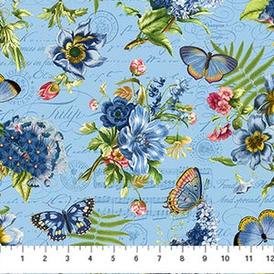 This light blue multi floral is covered in bright flowers with butterflies and leaves. The background has music notes and cursive which give this fabric even more visual interest. The butterflies are all a little different and are floating all over the print. Check out the other fabrics from this collection