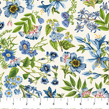This beige floral toss is full of bright blue flowers with pops of pink and yellow. The flowers are surrounded by rich green leaves. Background is a yellow beige color that brings warmth to the blue flowers. Check out the other fabrics from this collection