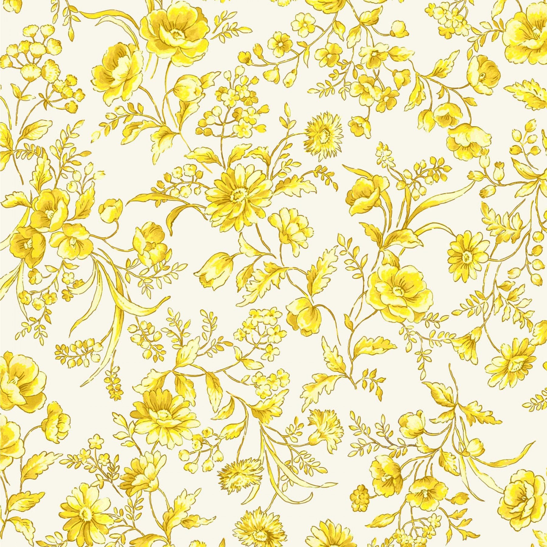 Delicate yellow flowers on an white background.  100% Cotton, 44/5"