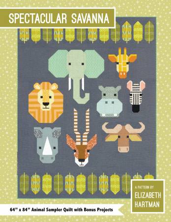 Piece a spectacular sampler quilt featuring iconic savanna animals including an elephant, lion, rhino, gazelle, wildebeest, hippo, giraffe, and zebra. All blocks are sewn using conventional patchwork techniques. One piece (the rhino’s horn) uses a cutting guide a shortcut method to make this shape without the bother of paper piecing or matching points. 