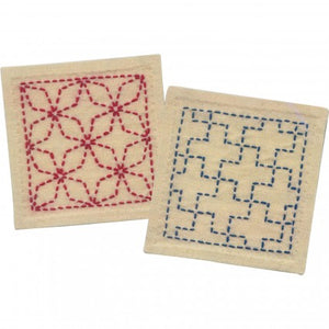 Finish size: 4" x 4" (2 pieces). Kit Contents: Cloth: No.4500 Sashiko cloth, Thread: Sashiko Embroidery thread, Sashiko needle, Instructions (Japanese).