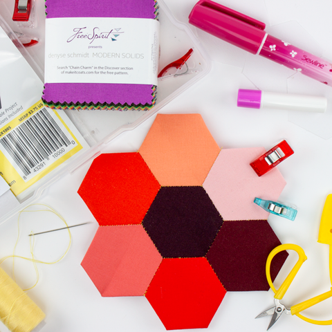 The perfect kit is perfect if you're new to English Paper Piecing or between projects! All the tools you need to EPP (English Paper Piece) in one cute, portable container to carry with you anywhere you go!   Each kit contains: Sewline glue pen + refill, bobbin of thread, Clover wonder clips, Needles, 1" Hexagon Paper Pieces, mini scissors, and a Moda Mini Charm Pack.