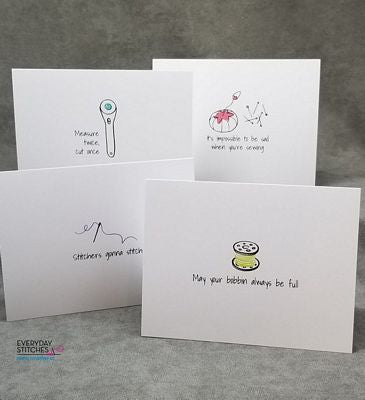 Your sewing friends will love receiving your personalized, handwritten note on one of these delightful notecards! Each are blank inside so they are perfect for any occasion, just add your own sentiment! Each box contains 8 different cards plus 8 matching envelopes. Printed in the USA on recycled paper.