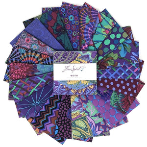 This beautiful cool tone charm pack is designed by Kaffe Fassett for Freespirit Fabrics. Titled "Emperor" - Full of pourples, greens, blues and pops of bright colors this charm pack is sure to please!  100% cotton, 42, 5" squares