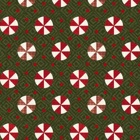 From Maywood Studio By Sullivan, Bonnie Snowdays Flannel by Bonnie Sullivan Collection In Flannels  Dark Green and deep red with Christmas Peppermint Candy. 12yds, 100% Cotton Flannel
