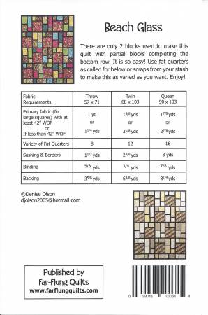 Finished sizes include - Throw 57in x 71in; Twin 68in x 103in; Queen 90in x 103in. Choose fabulous fat quarters to compliment one feature fabric and frame this all with a sash. Two basic blocks make this a fun, easy project for that fabric you just can't cut up into tiny pieces.