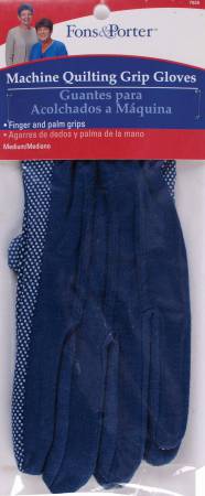 Fons & Porter Machine Quilt Grip Gloves will help you quilt and sew with ease. Finger and palm grips allow you to hold fabric securely and guide it where you want it to go. Reduce tension in neck and hands. Gloves are machine washable, 100% cotton.