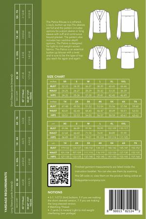 The Patina Blouse is a collared, v-neck, button up top. The sleeves are full and the pattern includes options for a short sleeve or long sleeve with cuff and continuous bound placket.