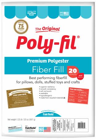 Fairfield PF12A Poly-Fil Fiberfill  The #1 best-selling fiber-fill in America. A unique process explodes the special blend of 100% polyester fibers creating an extraordinary resilience that maintains its integrity through countless launderings. Non-allergenic. Use for all types of craft and home decor projects. 