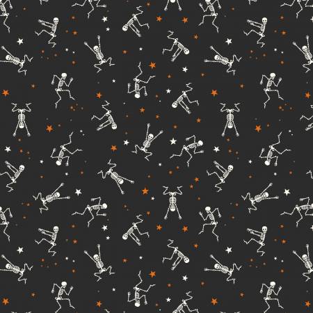 This skeleton fabric is from Riley Blake Designs by My Minds Eye for the "Bad to the Bone" collection. This fabric features little dancing skeletons with orange and white stars on a black background. This is such a cute halloween fabric! 